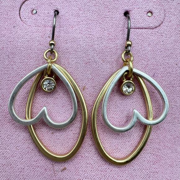 Lucky Brand Two Tone Heart Dangle Earrings New In Box Gold Tone Silver Tone - Picture 1 of 5